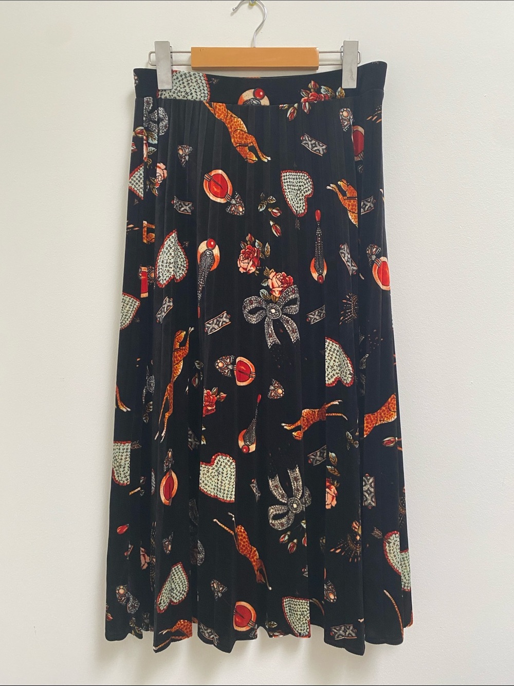 Maeve Black Velvet Pleated Midi Skirt with Motifs